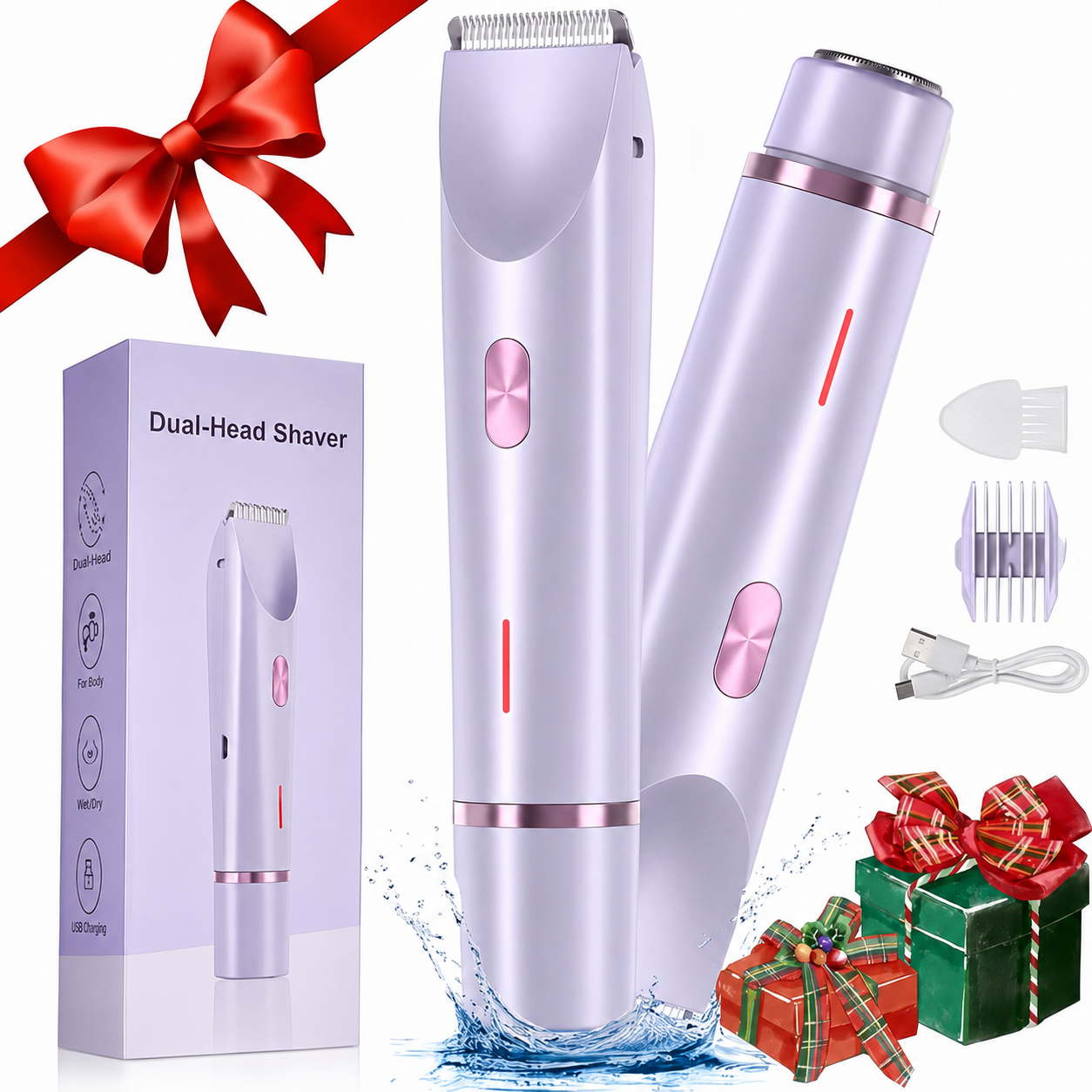 2-in-1 Electric Bikini Trimmer for Women - Rechargeable Wet & Dry Body Shaver with Dual Heads for Bikini Line, Underarms, Legs, Arms & Facial Touch-Ups-RH