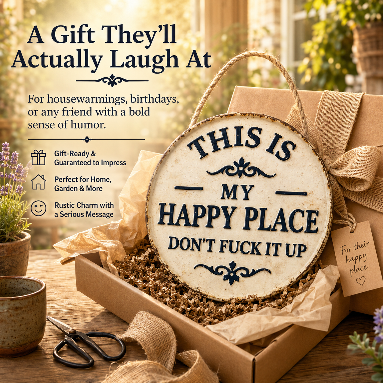 Fun Garden Metal Sign – "This Is My Happy Place, Don't Mess It Up" Retro Decor, Printed Aesthetic Room Decoration, Round Welcome Sign-YAO