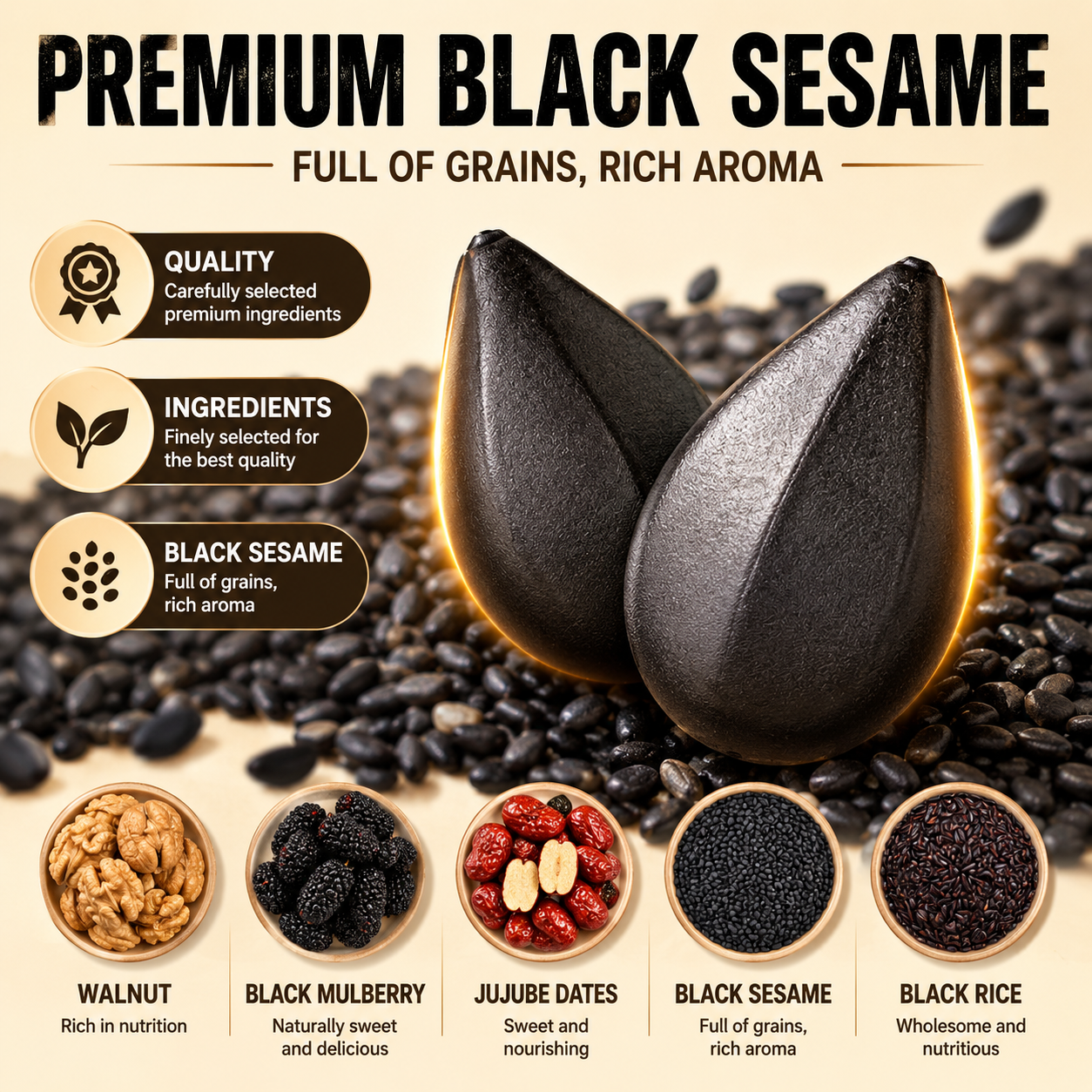 Intangible Heritage 5-Treasure Black Sesame Balls – Nine-Steamed & Nine-Sun-Dried Traditional Craft & Repair Damaged Hair&Promote Sleep-YAO