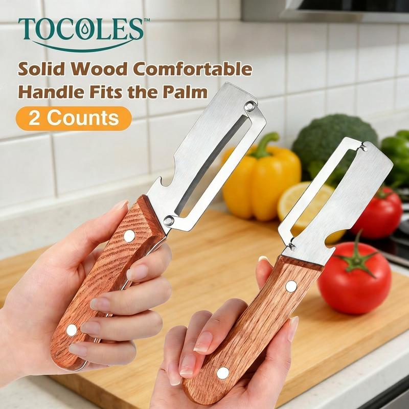 Wooden-Handled Vegetable & Fruit Peeler - Stainless Steel Blade with Built-In Bottle Opener, Ergonomic Kitchen Tool-RH