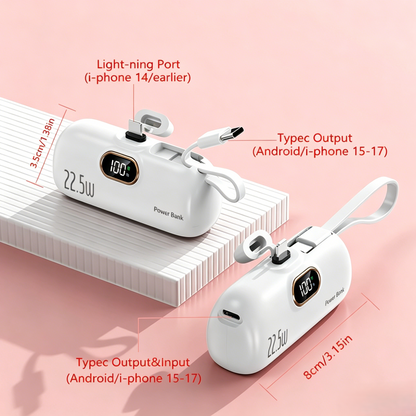 5000mAh Mini Power Bank | 22.5W Fast Charge, Built-in Cable, Pocket-Sized for iPhone & Android-RH