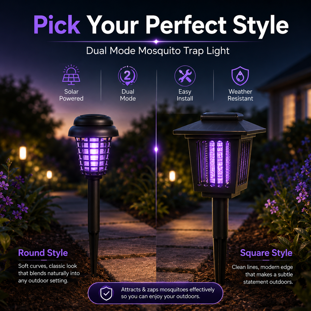 Solar Mosquito Zapper Light – Outdoor Garden Stake Lamp, UV Insect Killer, Solar Powered, Dual Mode (Mosquito Control + Pathway Lighting), Weather Resistant, Easy Setup-YAO