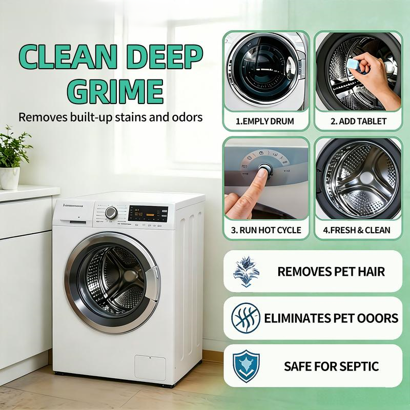 Eco-Friendly Washing Machine Cleaner Tablets – Deep Clean Washer Odors, Residue & Pet Hair Buildup-RH