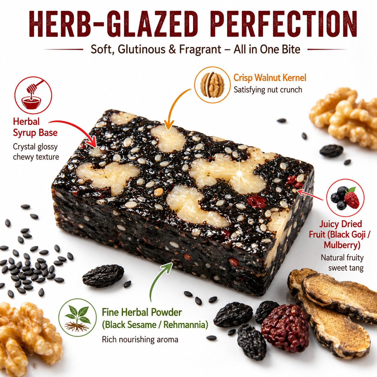 Mulberry Rehmannia & Black Goji Sesame Cake – Soft Herbal Nut Snack, Low Sugar Energy Bar-YAO