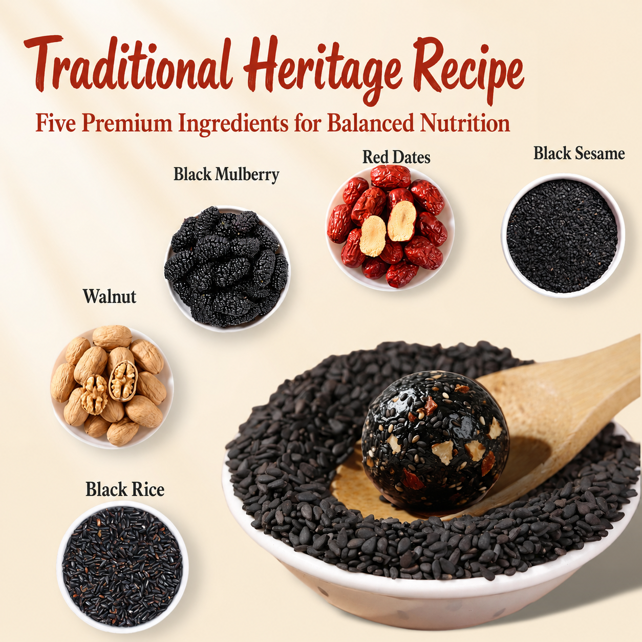 Intangible Heritage 5-Treasure Black Sesame Balls – Nine-Steamed & Nine-Sun-Dried Traditional Craft & Repair Damaged Hair&Promote Sleep-YAO