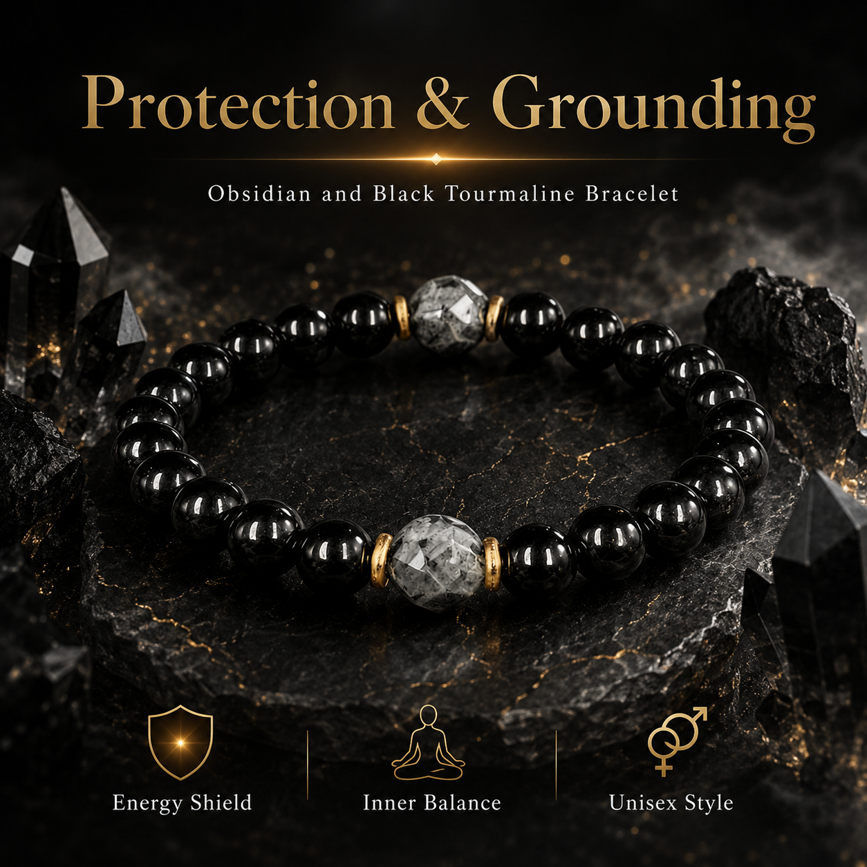 Manifestation and Protection Healing Obsidian and Black Tourmaline Bracelet, Energy Balance and Protection Bracelet-YAO
