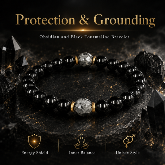 Manifestation and Protection Healing Obsidian and Black Tourmaline Bracelet, Energy Balance and Protection Bracelet-YAO