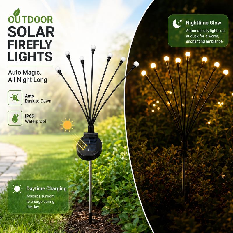 Outdoor Solar Firefly Garden Lights – 6-LED Swaying Stake Lights, IP65 Waterproof Auto Dusk-to-Dawn Warm Glow for Patio, Pathway, Yard & Landscape Decor-RH