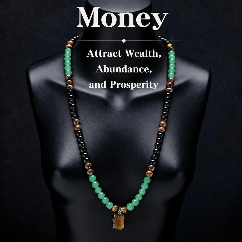 💰 Money Attraction Necklace | Green Aventurine & Tiger Eye Pendant for Wealth, Luck & Positive Energy | Adjustable Chain for Men & Women-RH