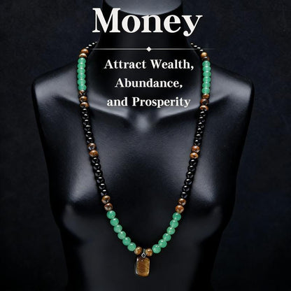 💰 Money Attraction Necklace | Green Aventurine & Tiger Eye Pendant for Wealth, Luck & Positive Energy | Adjustable Chain for Men & Women-RH