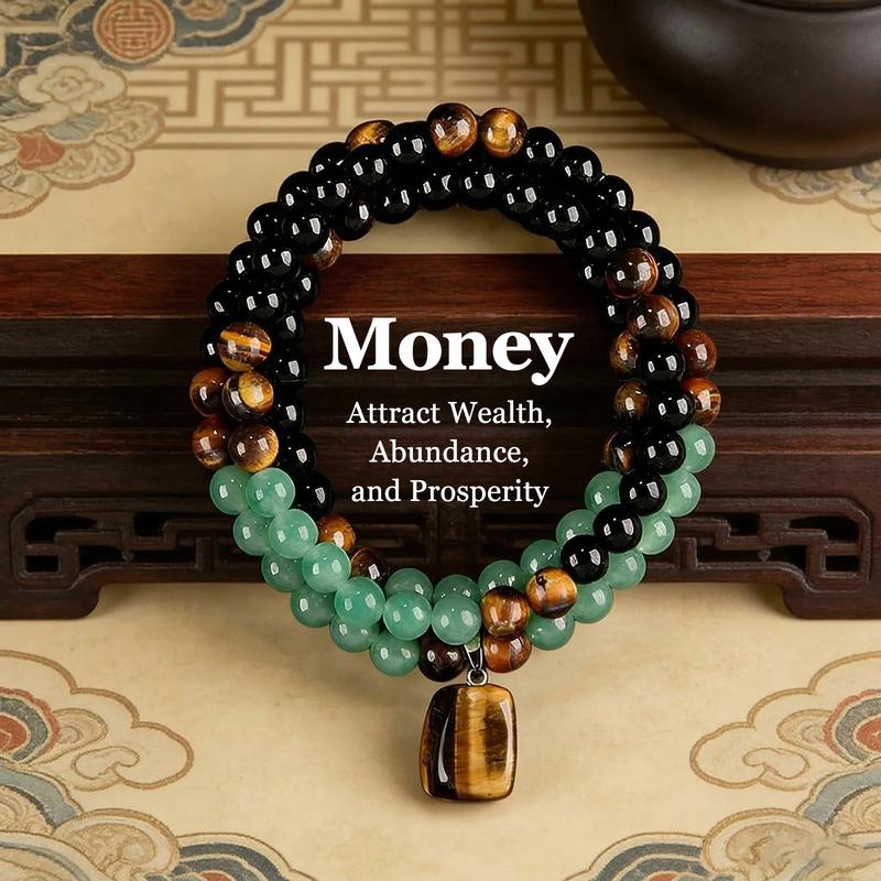 💰 Money Attraction Necklace | Green Aventurine & Tiger Eye Pendant for Wealth, Luck & Positive Energy | Adjustable Chain for Men & Women-RH