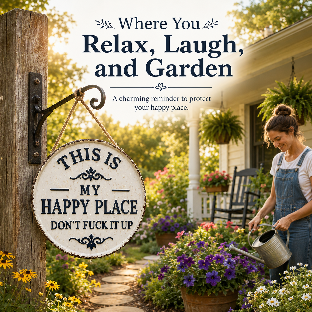 Fun Garden Metal Sign – "This Is My Happy Place, Don't Mess It Up" Retro Decor, Printed Aesthetic Room Decoration, Round Welcome Sign-YAO