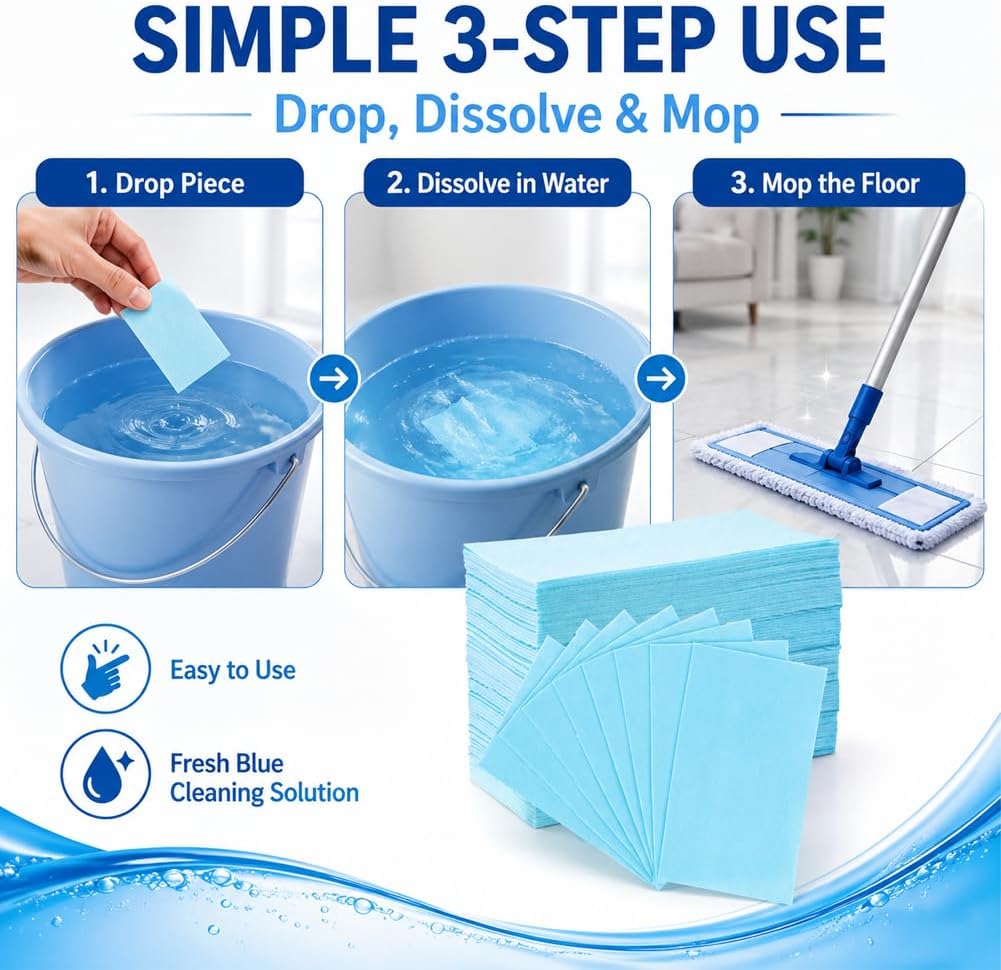 100-Pack Quick-Dissolve Floor Cleaning Sheets – Fresh Scent, No Sticky Residue, Multi-Surface Home Cleaner-RH