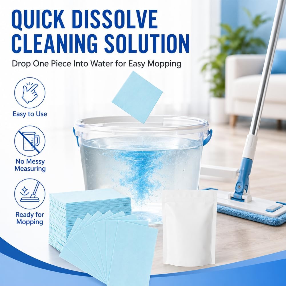 100-Pack Quick-Dissolve Floor Cleaning Sheets – Fresh Scent, No Sticky Residue, Multi-Surface Home Cleaner-RH