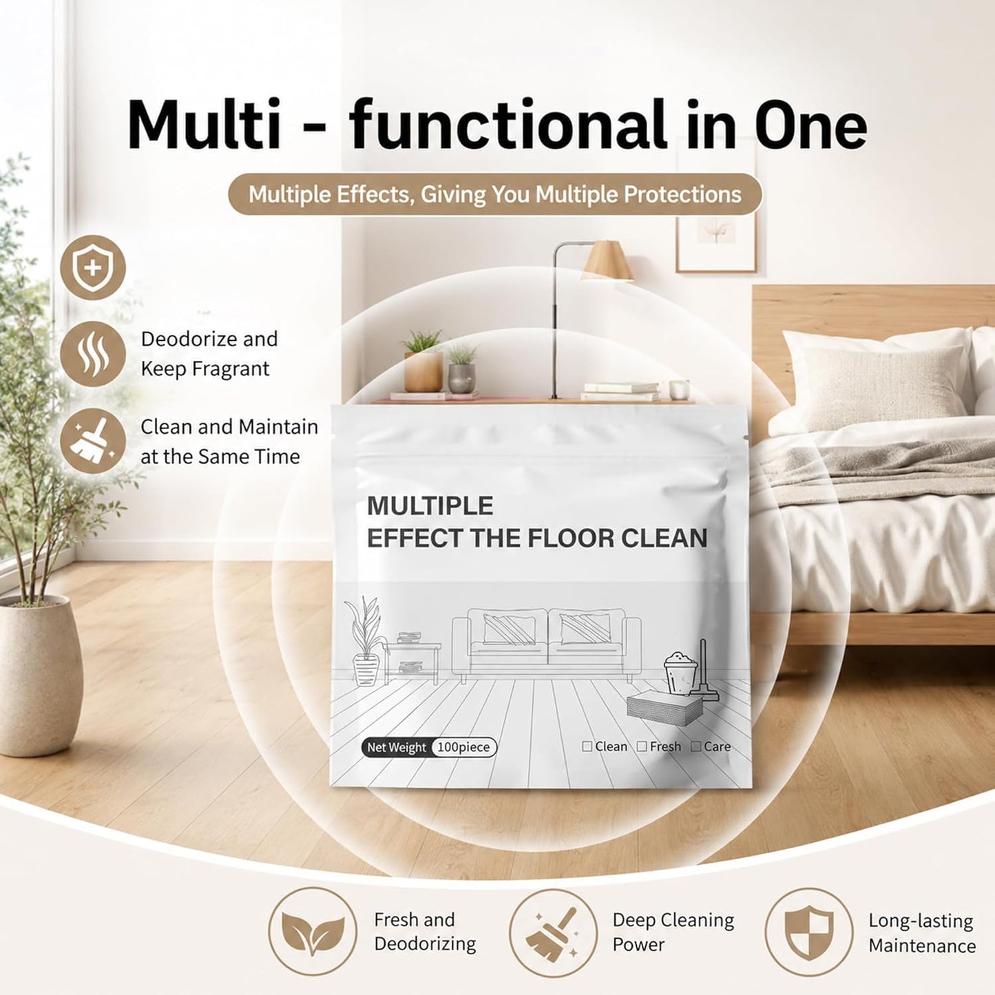 100-Pack Quick-Dissolve Floor Cleaning Sheets – Fresh Scent, No Sticky Residue, Multi-Surface Home Cleaner-RH