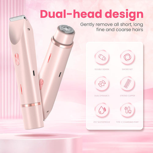 2-in-1 Electric Bikini Trimmer for Women - Rechargeable Wet & Dry Body Shaver with Dual Heads for Bikini Line, Underarms, Legs, Arms & Facial Touch-Ups-RH
