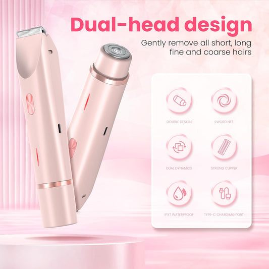 2-in-1 Electric Bikini Trimmer for Women - Rechargeable Wet & Dry Body Shaver with Dual Heads for Bikini Line, Underarms, Legs, Arms & Facial Touch-Ups-RH