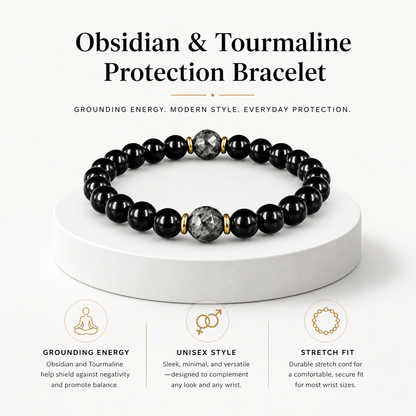 Manifestation and Protection Healing Obsidian and Black Tourmaline Bracelet, Energy Balance and Protection Bracelet-YAO