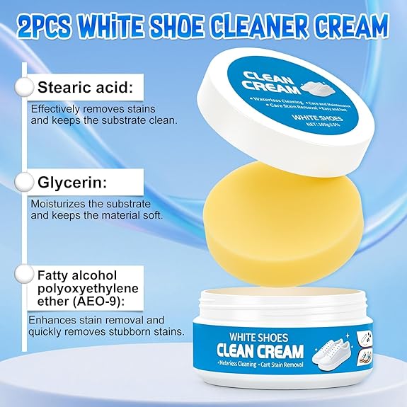 White Shoe Cleaner Cream, Multipurpose No-Wash Solid Cleaning Paste with Sponge Removes Stains, Multipurpose White Shoes Clean Cream for Leather Sneakers Soles-YAO