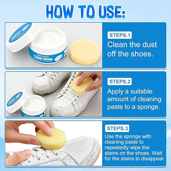 White Shoe Cleaner Cream, Multipurpose No-Wash Solid Cleaning Paste with Sponge Removes Stains, Multipurpose White Shoes Clean Cream for Leather Sneakers Soles-YAO