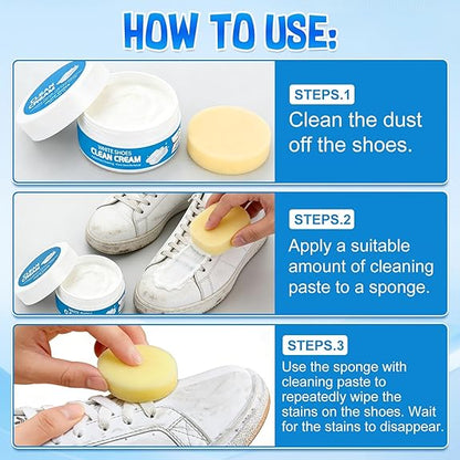 White Shoe Cleaner Cream, Multipurpose No-Wash Solid Cleaning Paste with Sponge Removes Stains, Multipurpose White Shoes Clean Cream for Leather Sneakers Soles-YAO