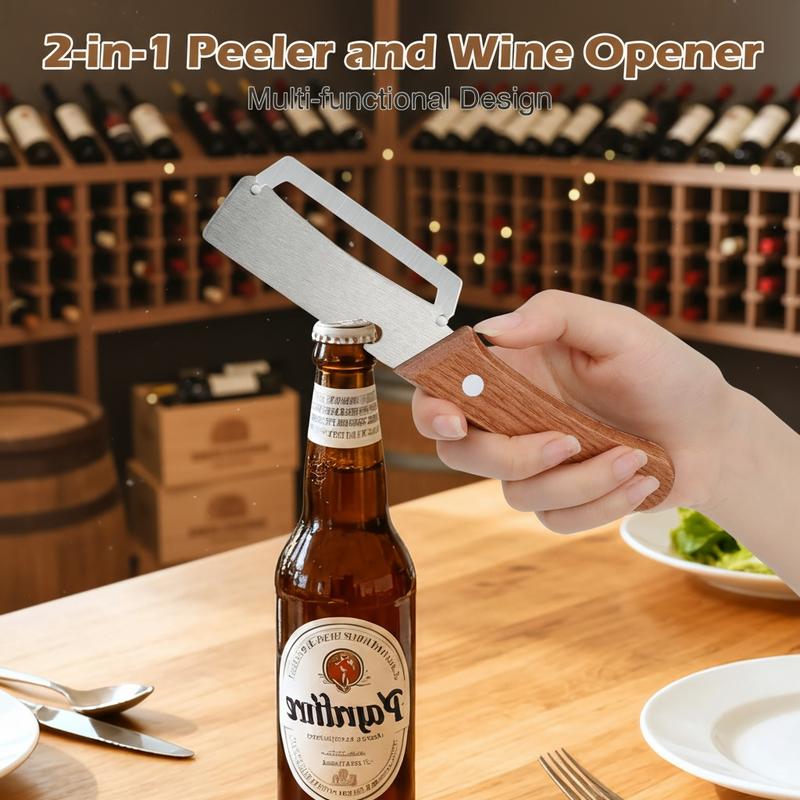 Wooden-Handled Vegetable & Fruit Peeler - Stainless Steel Blade with Built-In Bottle Opener, Ergonomic Kitchen Tool-RH