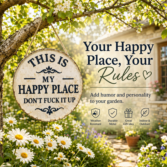 Fun Garden Metal Sign – "This Is My Happy Place, Don't Mess It Up" Retro Decor, Printed Aesthetic Room Decoration, Round Welcome Sign-YAO