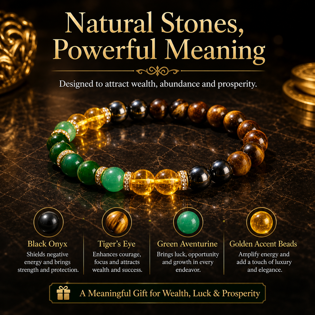 Black onyx and tiger's eye stone money bracelet - Luck bracelet - Attracts wealth-YAO