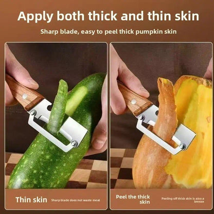 Wooden-Handled Vegetable & Fruit Peeler - Stainless Steel Blade with Built-In Bottle Opener, Ergonomic Kitchen Tool-RH
