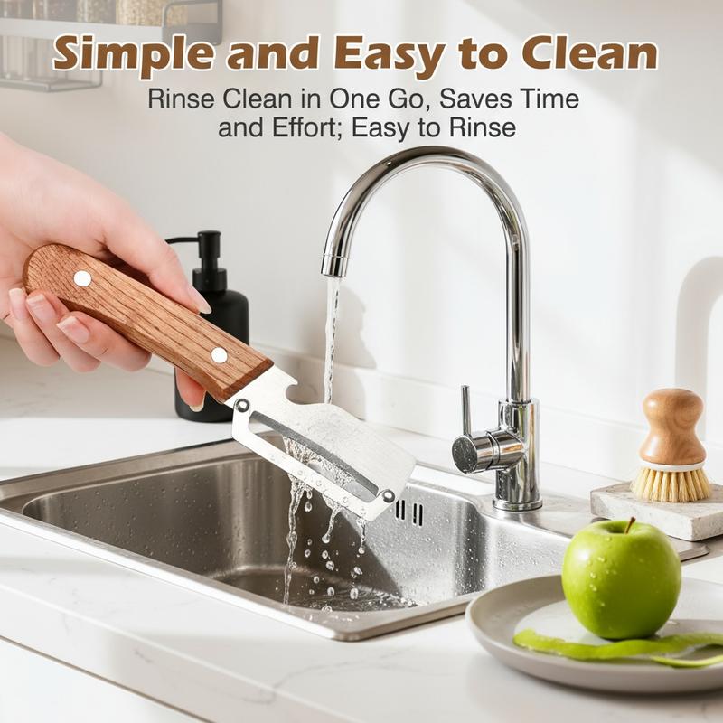 Wooden-Handled Vegetable & Fruit Peeler - Stainless Steel Blade with Built-In Bottle Opener, Ergonomic Kitchen Tool-RH