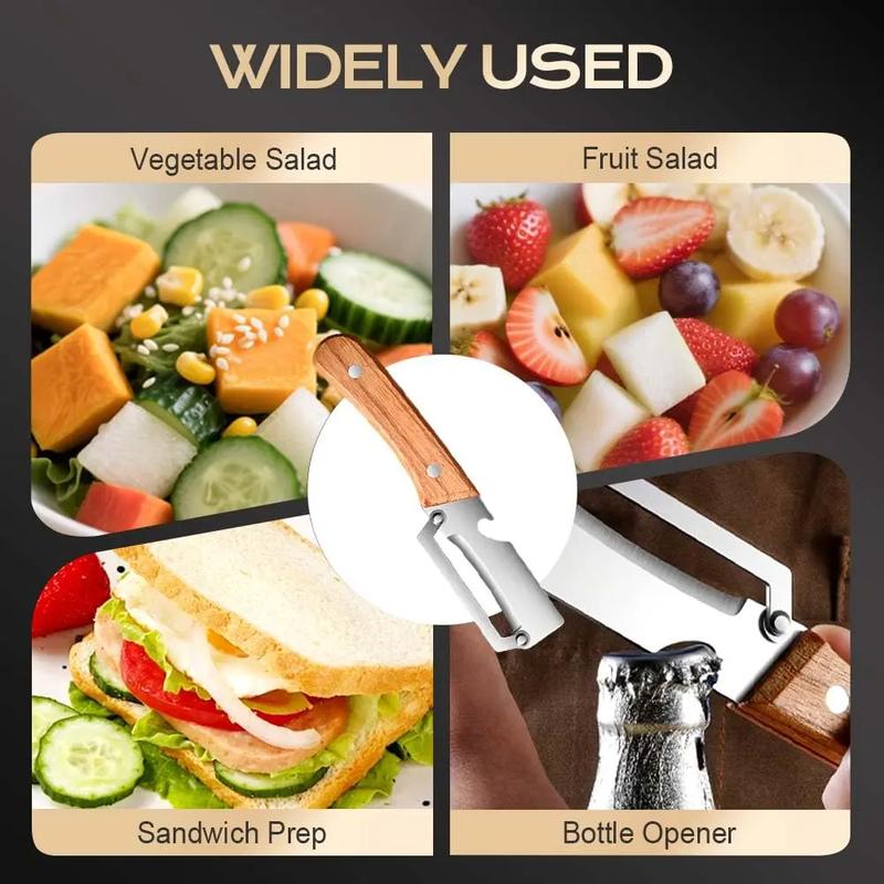 Wooden-Handled Vegetable & Fruit Peeler - Stainless Steel Blade with Built-In Bottle Opener, Ergonomic Kitchen Tool-RH