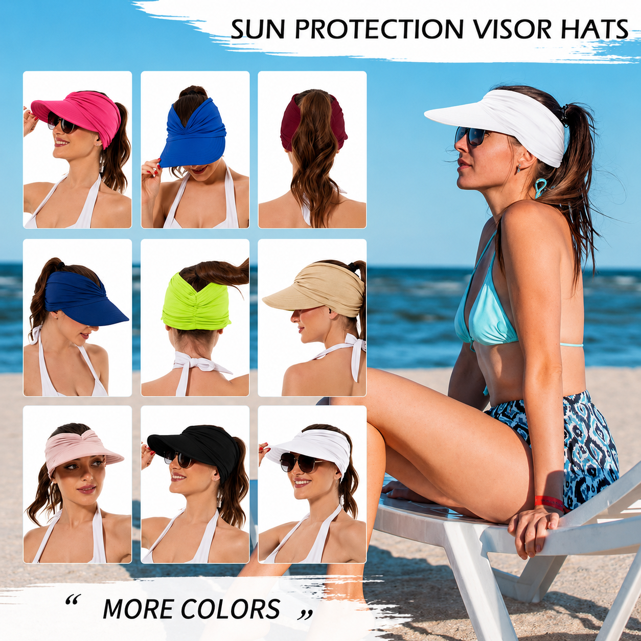 Women’s UPF 50+ Sun Protection Visor Hat-Wide Brim Cooling Beach Hat for Ponytail, Golf, Travel & Summer Outdoor Wear-RH
