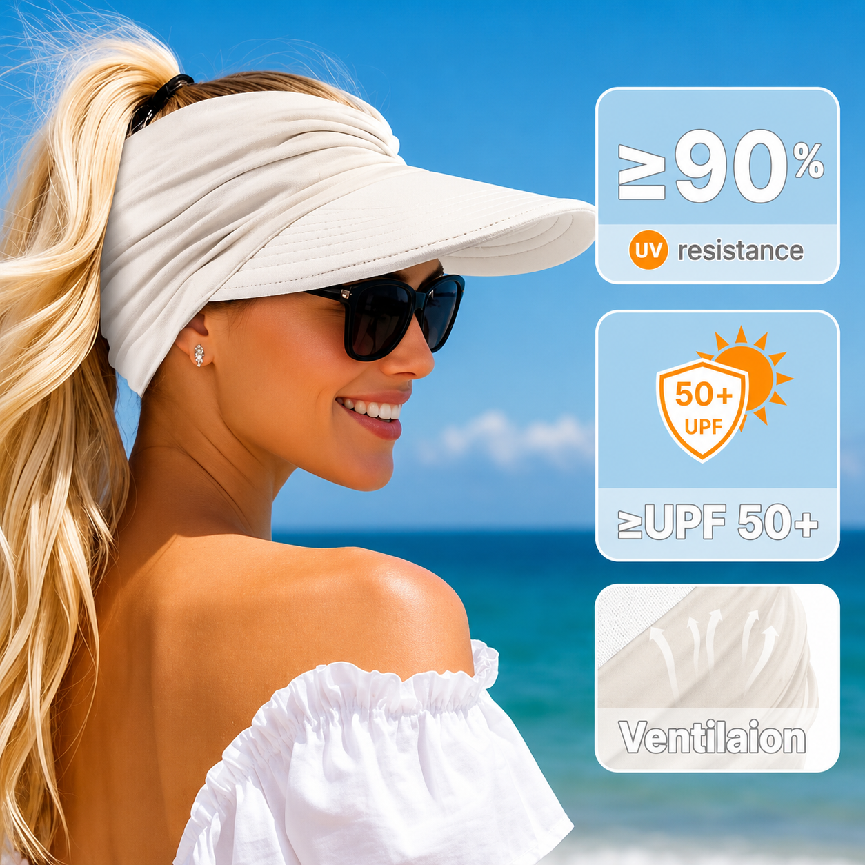 Women’s UPF 50+ Sun Protection Visor Hat-Wide Brim Cooling Beach Hat for Ponytail, Golf, Travel & Summer Outdoor Wear-RH
