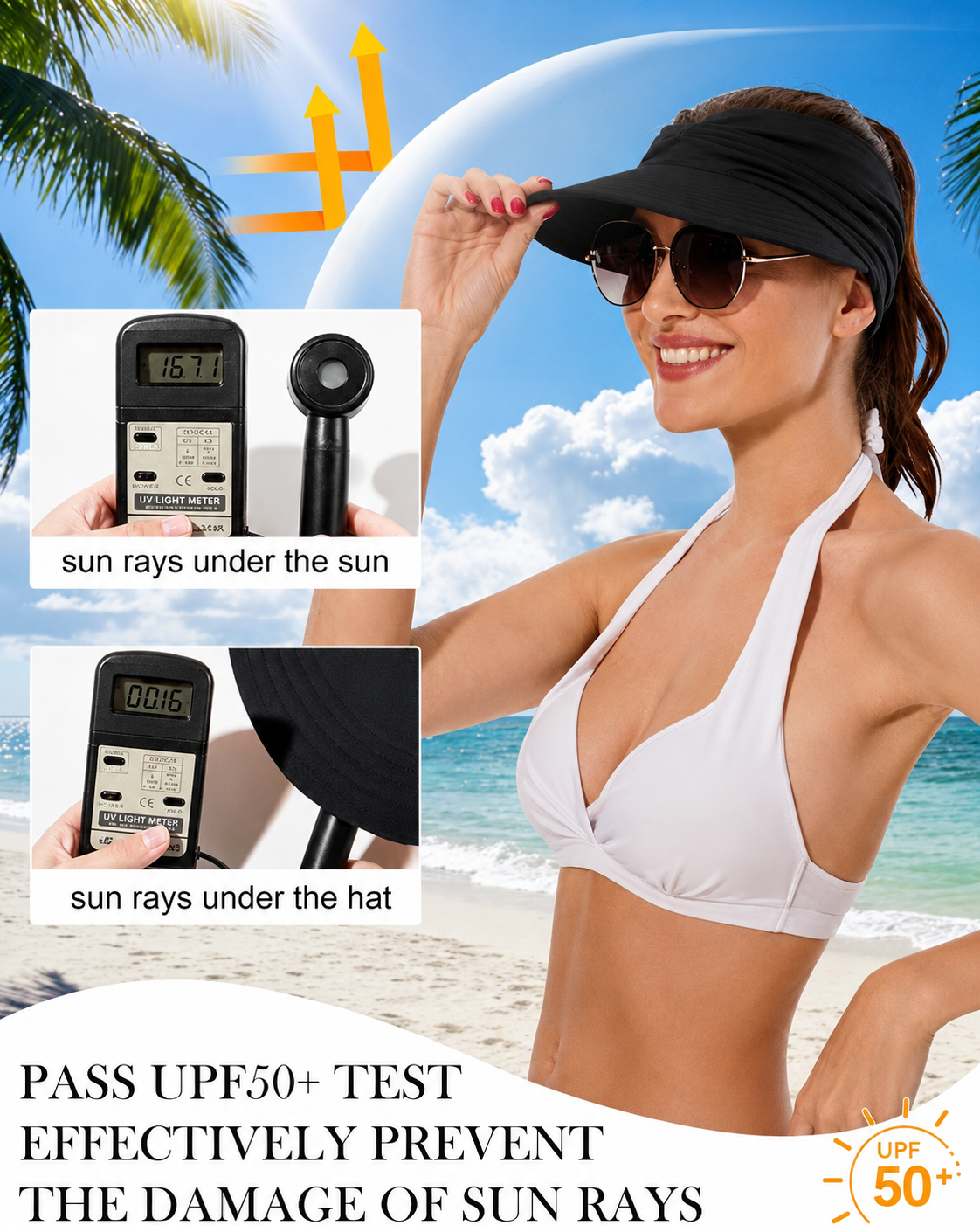 Women’s UPF 50+ Sun Protection Visor Hat-Wide Brim Cooling Beach Hat for Ponytail, Golf, Travel & Summer Outdoor Wear-RH
