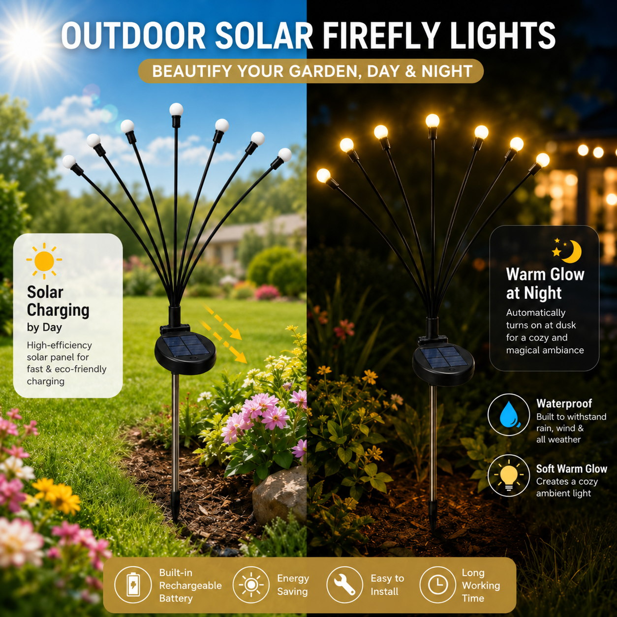 Outdoor Solar Firefly Garden Lights – 6-LED Swaying Stake Lights, IP65 Waterproof Auto Dusk-to-Dawn Warm Glow for Patio, Pathway, Yard & Landscape Decor-RH