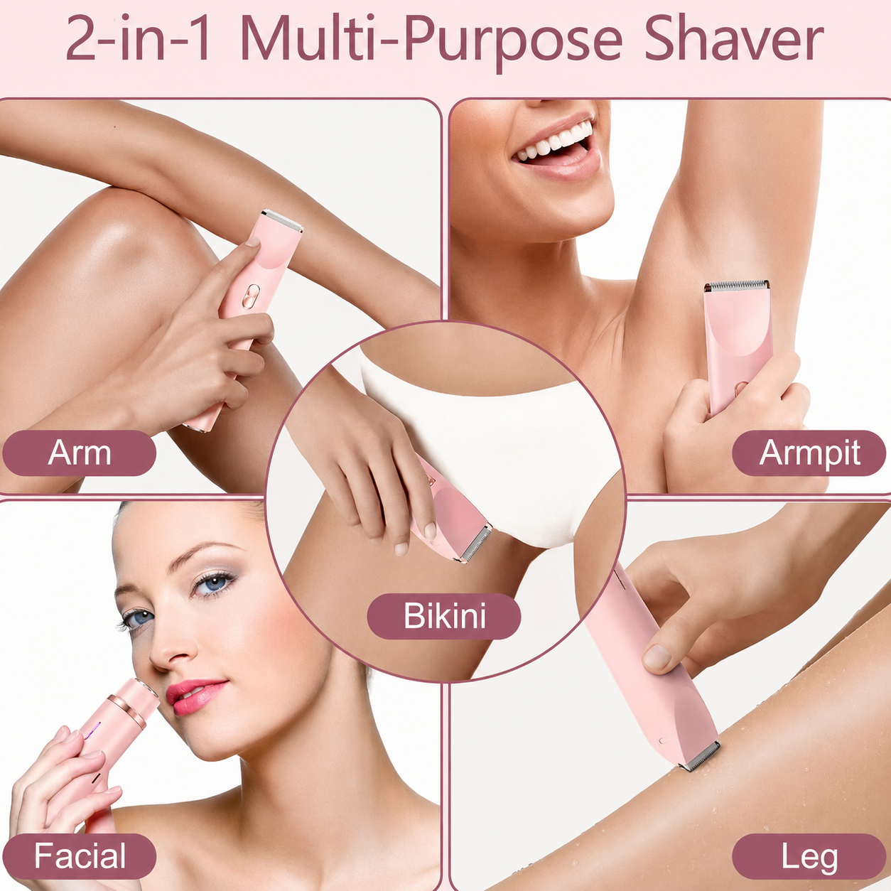 2-in-1 Electric Bikini Trimmer for Women - Rechargeable Wet & Dry Body Shaver with Dual Heads for Bikini Line, Underarms, Legs, Arms & Facial Touch-Ups-RH