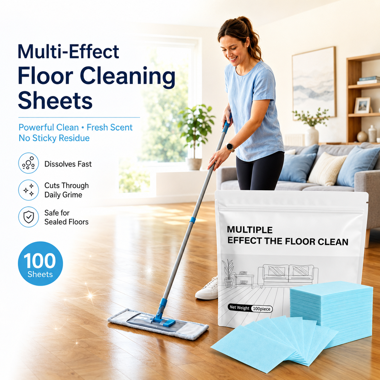 100-Pack Quick-Dissolve Floor Cleaning Sheets – Fresh Scent, No Sticky Residue, Multi-Surface Home Cleaner-RH