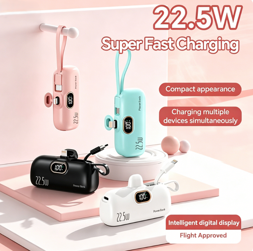 5000mAh Mini Power Bank | 22.5W Fast Charge, Built-in Cable, Pocket-Sized for iPhone & Android-RH