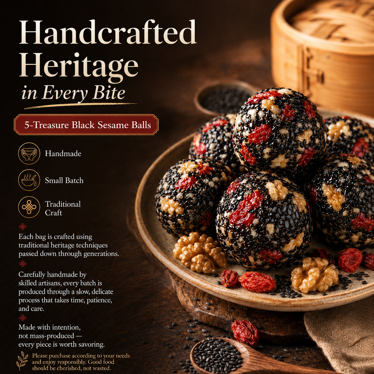 Intangible Heritage 5-Treasure Black Sesame Balls – Nine-Steamed & Nine-Sun-Dried Traditional Craft & Repair Damaged Hair&Promote Sleep-YAO