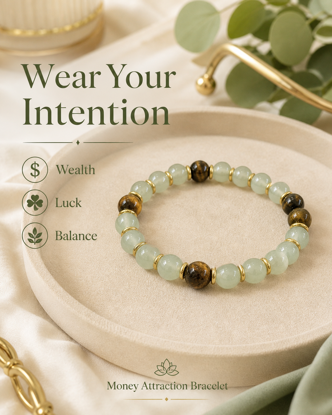 Money Attraction Bracelet with Green Aventurine & Tiger Eye for Wealth & Good Luck-YAO