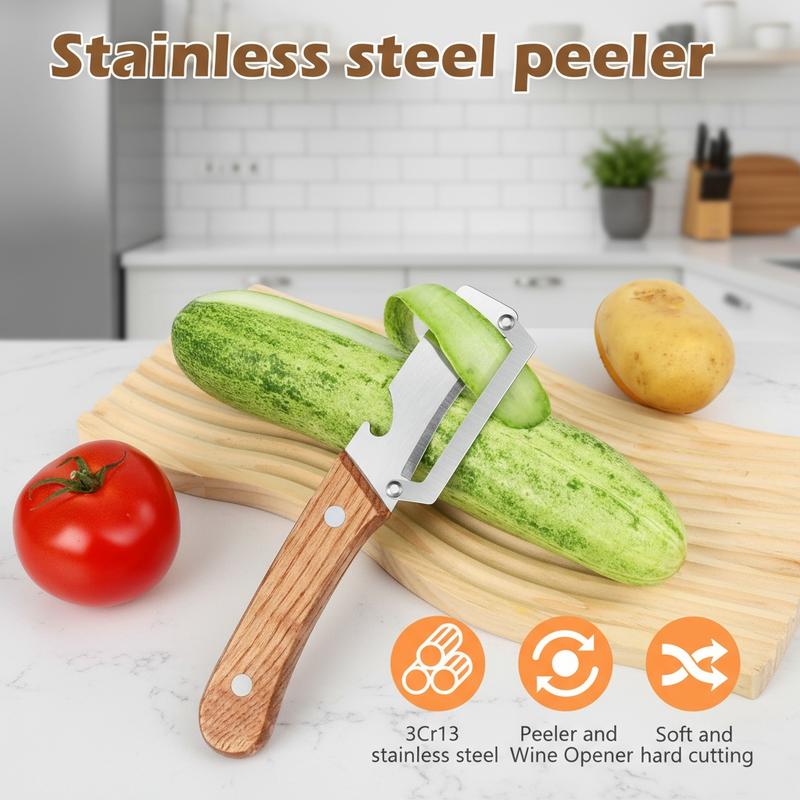 Wooden-Handled Vegetable & Fruit Peeler - Stainless Steel Blade with Built-In Bottle Opener, Ergonomic Kitchen Tool-RH