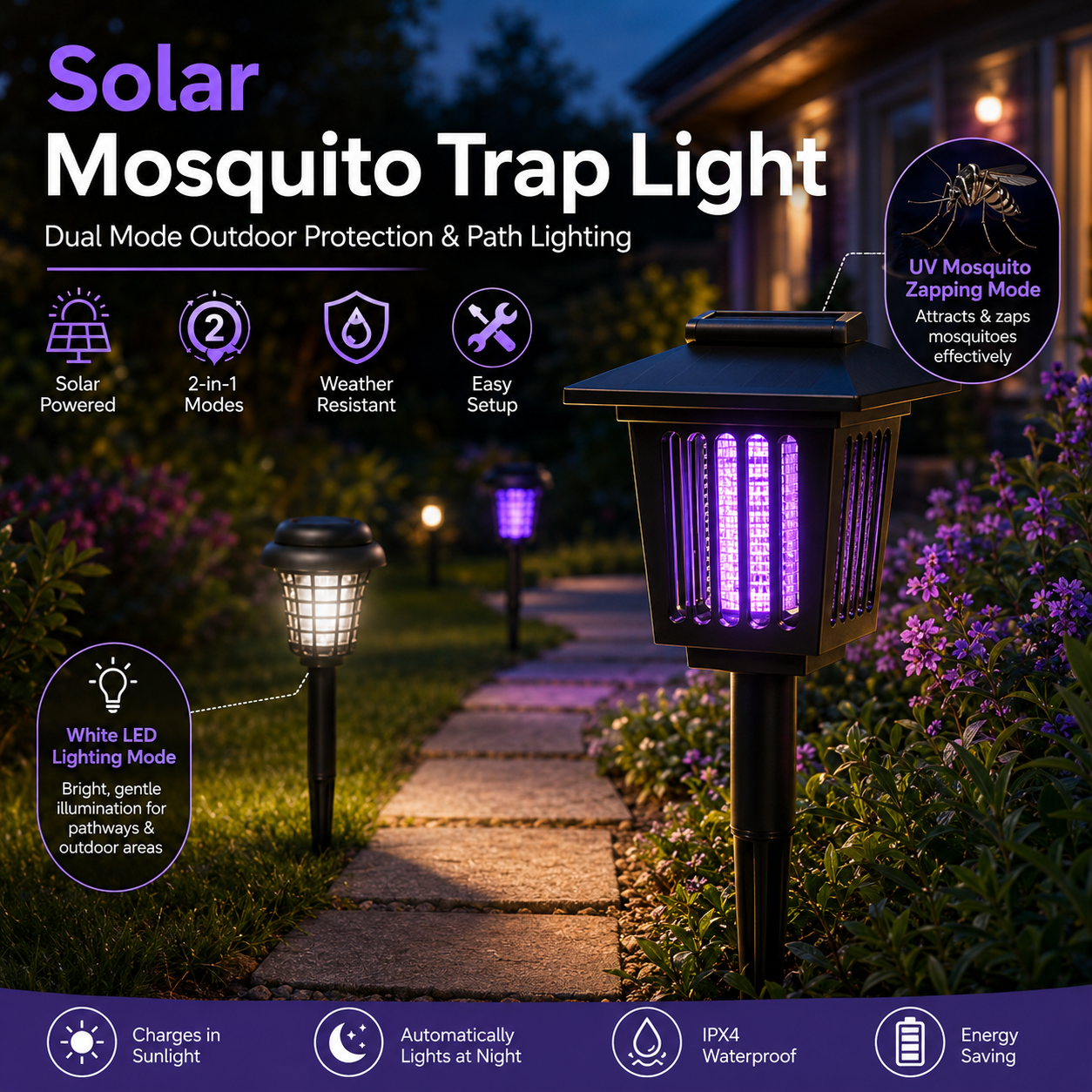 Solar Mosquito Zapper Light – Outdoor Garden Stake Lamp, UV Insect Killer, Solar Powered, Dual Mode (Mosquito Control + Pathway Lighting), Weather Resistant, Easy Setup-YAO